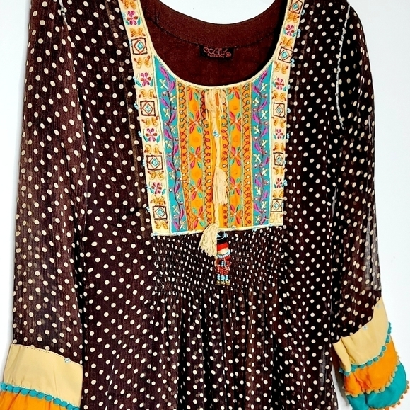 Boho Maxi Dress Smocked Tassled Print Flared Flowy Coachella Festival Sz Small - Picture 6 of 16